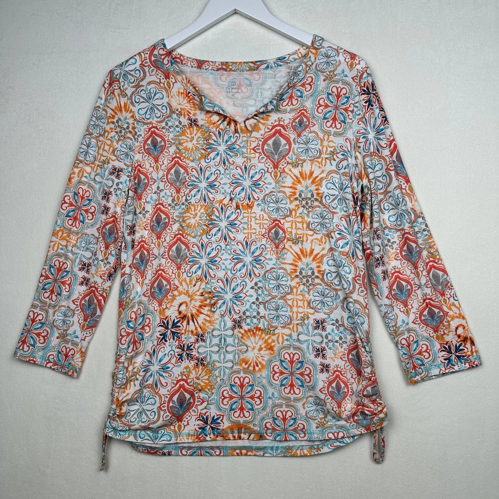 T‎ by Talbots Women's Size M Split Neck 3/4 Sleeve Ruched Blouse Top